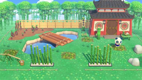 I gave him his own bamboo garden in his yard! Happy Home Paradise, Bamboo Garden, Happy Home, Chester, Animal Crossing, Sims 4, Golf Courses, Paradise, Yard