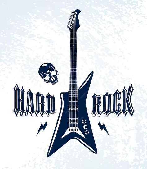 Premium Vector | Hard rock emblem with electric guitar vector logo, concert festival or night club label, music theme illustration, guitar shop or t-shirt print, rock band sign with stylish typography. Rock Music Illustration, Theme Illustration, Metal Band Logos, Guitar Graphic, Guitar Vector, Rock Band Logos, Pet Logo, Photoshop Tutorial Typography, Music Illustration