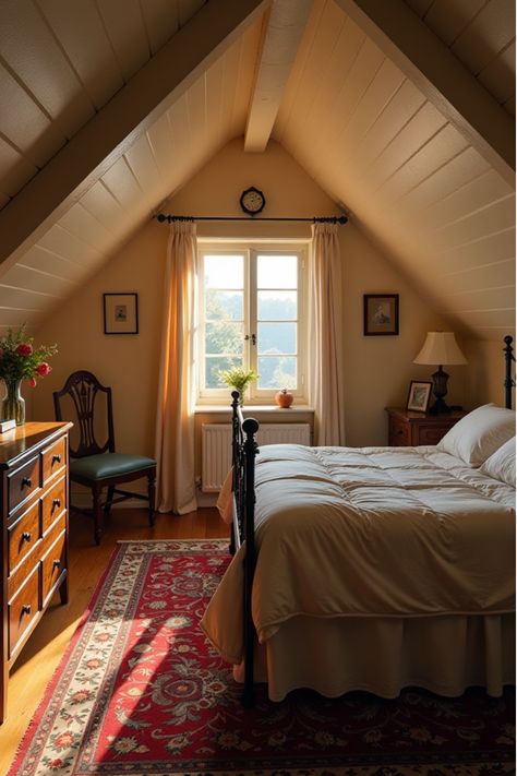 Charming attic bedroom with wrought-iron bed and vintage furniture Slanted Ceiling Bedroom Lights, Attic Bedroom Vintage, Craftsman Attic Bedroom, Pitched Roof Attic Bedroom, Bedroom Under Roof Sloped Ceiling, Attic Bedroom Ideas Low Ceiling, Small Room Slanted Ceiling, Converted Attic Master Suite, Slanted Room Ideas