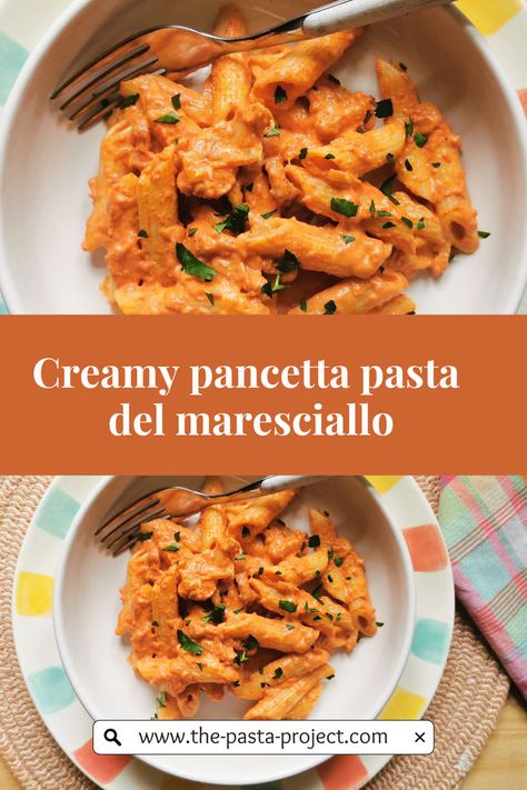 This creamy paste with pancetta and tomato sauce is one of the easiest Italian pasta recipes ever. It’s super simple to make and you can have it on the table in the time it takes you to boil the water and cook the pasta. Here in Italy, we call this dish pasta del Maresciallo, meaning the marshal’s pasta. Creamy Arrabiata Pasta Pioneer Woman, Pancetta Pasta Recipes, Recipes With Pancetta, Mafaldine Pasta, Pasta With Pancetta, Pancetta Recipes, Pancetta Pasta, Healthy Appetizers Easy, Best Spaghetti