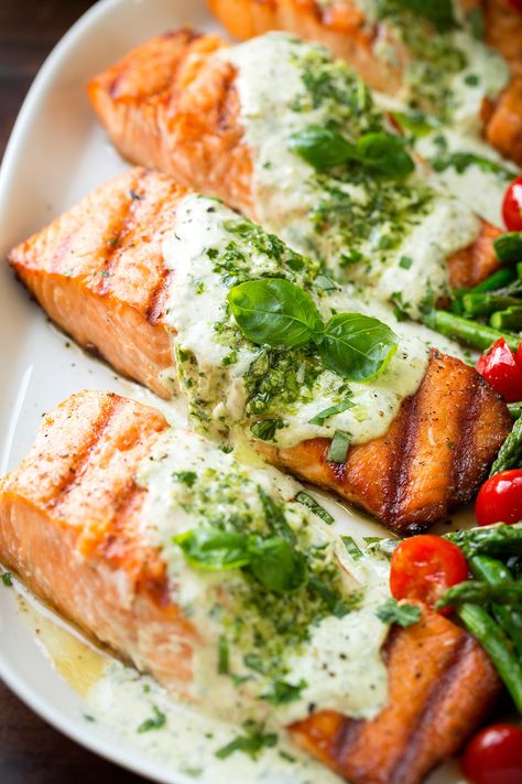 Grilled Salmon with Creamy Pesto Sauce - Cooking Classy Salmon With Pesto, Pesto Recipes, Creamy Pesto Sauce, Salmon Cream Cheese, Sauce For Salmon, Pesto Salmon, Creamy Recipes, Easy Indian Recipes, Salmon And Asparagus