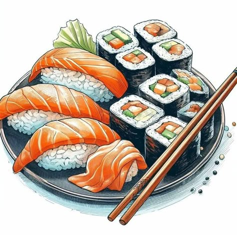 Food Drawing Sushi, Sushi Drawing Illustration, Japan Food Drawing, Japanese Food Drawing, Sushi Drawings, Bujo Sketches, Cooking Stickers, Sushi Drawing, Sushi Cartoon