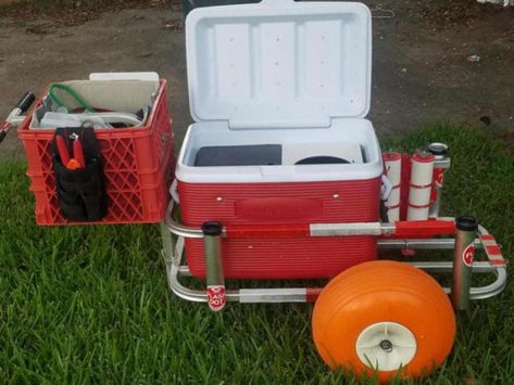 Beach Fishing Cart Accessories, Surf Fishing Cart, Pier Cart, Beach Fishing Cart, Beach Trailer, Fishing Cart, Beach Cart, Cart Ideas, Surf Fishing