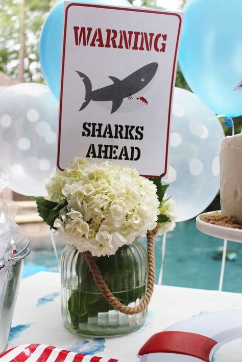 Floral centerpiece at a shark birthday party! See more party ideas at CatchMyParty.com! Shark Theme Centerpieces, Shark Centerpieces, Shark Centerpiece Ideas, Baby Birthday Party Decorations, Shark Baby Shower, Shark Party Decorations, Shark Week Party, Baby Party Decorations, Shark Themed Party