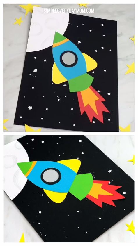 This rocket ship art project is a simple and easy project for children in preschool, kindergarten and elementary. It combines paper crafting and painting all in one and is great for outer space units!   #preschoolers #spacecrafts #kidscrafts #craftsforkids #elementary #children #artforkids #kidsart #kidsactivities #kidsactivity #easycrafts #kindergarten #teacher #preschoolers #toddlers #ece #simpleeverydaymom #steam #art #artprojects  #kidsandparenting Rocket Craft For Kids, Rocket Craft, Space Crafts For Kids, Rockets For Kids, Space Craft, Rocket Ship, Kids Diy, Craft For Kids, Construction Paper