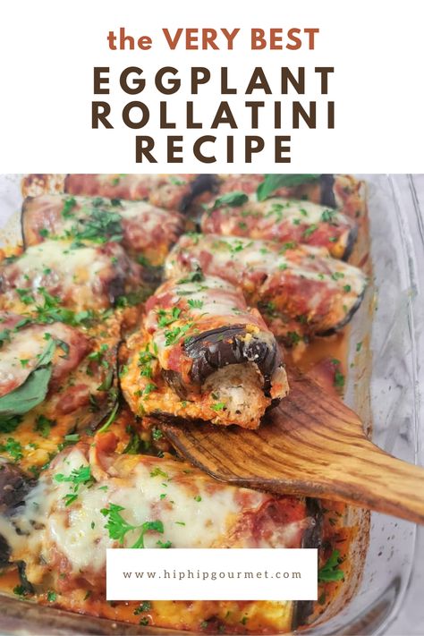 wooden spatula lifting up an eggplant rollatini out of a baking dish with the rest Eggplant Rollatini Recipe, Keto Eggplant, Eggplant Rollatini, Gooey Cheese, Ooey Gooey, Eggplant Recipes, Ricotta Cheese, Marinara Sauce, Marinara