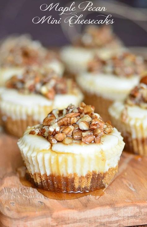 Maple Pecan Mini Cheesecakes from willcookforsmiles.com Will Cook For Smiles, Apple Cheesecake, Thanksgiving Food Desserts, Maple Pecan, Mini Cheesecakes, Caramel Apple, Yummy Sweets, Savoury Cake, Food Cakes