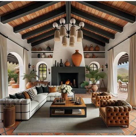 Mexican Living Room Decor Hacienda Style, Modern Mexican Hacienda, Hacienda Living Room, Spanish Colonial Decor, Modern Mexican Decor, Spanish Style Home Interior, Spanish Living Room, Mexican Style Home, Hacienda Decor