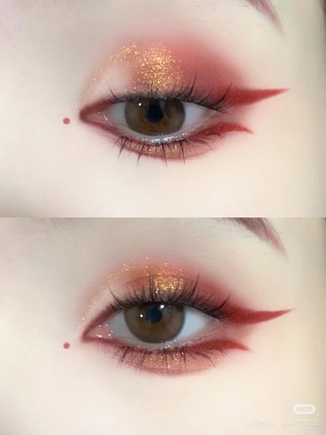 Geisha Eye Makeup, Red Christmas Eye Makeup, Artistic Eye Makeup Creative, Make Up Rojo, Red Douyin Makeup, Chinese Eye Makeup, Chinese New Year Makeup, Red Heart Makeup, Cute Clown Makeup