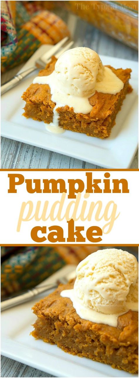 This easy pumpkin pudding cake recipe tastes like pumpkin pie but way better! Just 6 ingredients to dump in and bake to moist perfection. Best Fall dessert! Pumpkin Pudding Cake, Pumpkin Pie Pudding, Pudding Cake Recipe, Cake Fall, Dessert Pumpkin, Weight Watcher Desserts, Low Carb Granola, Pumpkin Pudding, Pumpkin Cake Recipes