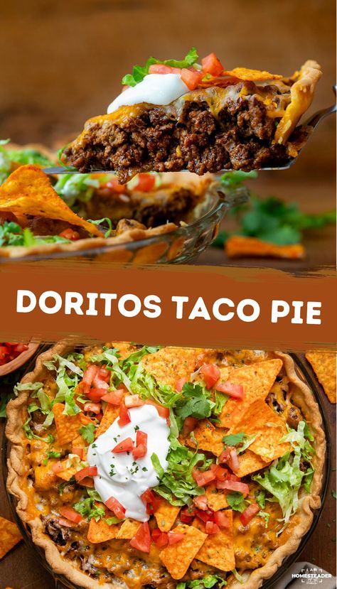 Are you looking for a quick and tasty dinner idea that the whole family will love? This delicious Dorito Taco Pie is a flaky pie crust filled with seasoned ground beef, onions, and two kinds of cheese! Baked until golden brown and bubbly, it is topped with crushed nacho cheese Doritos for extra flavor and a satisfying crunch! Doritos Locos Tacos Recipe, Taco Bake Doritos, Things To Make With Leftover Taco Meat, Dorito Nachos Ground Beef, Taco Pie With Pie Crust, Dorito Taco Pie, Taco Pie With Crescent Rolls, Taco Quiche, Nacho Pie