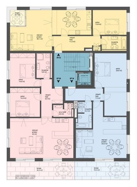 Gallery of Block of Flats / Znameni Ctyr Architekti - 16 Flat Apartment Design Floor Plans, Colored Floor Plan Architecture, 3 Apartment Building Plan, Residential Building Plan, Flat Plan, Block Plan, First Floor Plan, Block Of Flats, Apartment Floor Plan