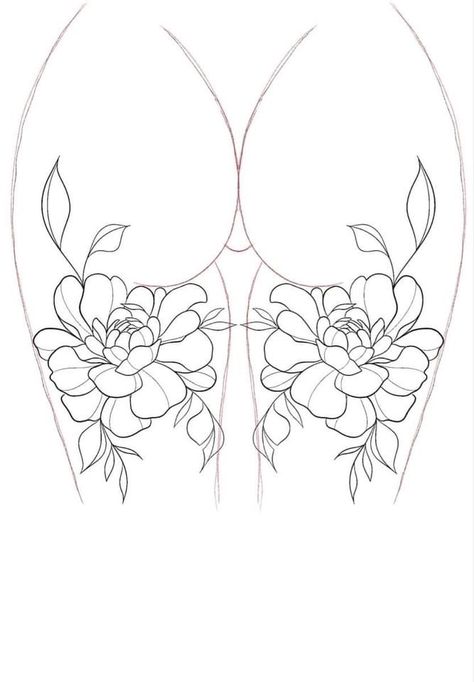 Flower Hip Tattoo Designs, Chest Tattoo Female Stencil, Back Of Thigh Flower Tattoo, Sleeve Tattoo Stencils For Women, Tattoos On White Background, Thigh Tattoos Women Red Ink, Thigh Tattoos Women Outline, Leg Tattoos Women Stencil, Tattoo Flowers Leg