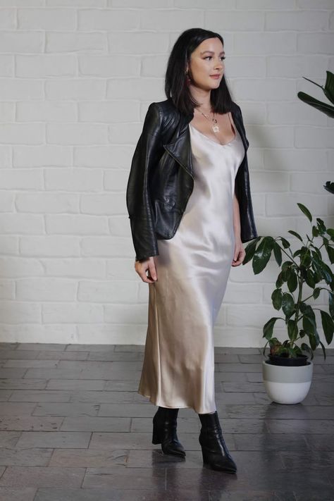 Bodycon Slip Dress, Night Slip Dress Outfit, Bias Slip Dress Pattern, Slip Dress Winter Wedding Guest, Silky Slip Dress, Slip Dress Midsize, Slip Dress With Leather Jacket, Brown Slip Dress Outfit, Maxi Slip Dress Outfit