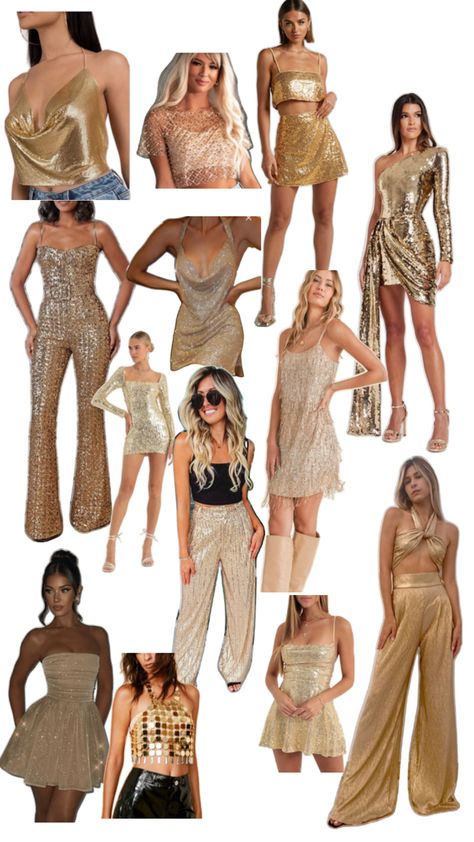 Bachelorette theme night - all that glitters is gold Bachelorette Theme Night, Bachelorette Night Out Outfit Themes, Glitz And Glam Outfit Ideas, Glitz And Glam Outfit, Glam Christmas Party, Bachelorette Outfit Themes, Glitter Bachelorette Party, Gold Theme Party, Gold Bachelorette Party