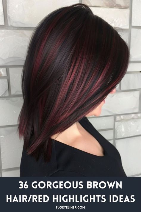 Dark Brown With Maroon Highlights, Burgundy Highlights On Brown Hair, Dark Brown Hair With Red Highlights, Dark Brown With Red Highlights, Brown Hair Red Highlights, Halo Hair Color, Red Halo Hair, Hair Red Highlights, Trendy Brown Hair