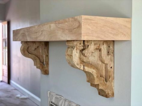 Corbel Decorating Ideas, Antique Mantle Shelf, Wood Mantel With Corbels, Wooden Corbels Decor Ideas, Wood Corbels Kitchen, Corbel Mantle, Diy Mantle Shelf, Mantle With Corbels, Floating Mantle Shelf