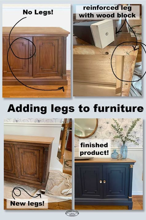 Add Legs To Base Cabinet, Furniture Legs Ideas Upcycle, Legs For Cabinets, New Legs For Dresser, Add Legs To Cabinet, Add Legs To Dresser Farmhouse, Adding Legs To Cabinets, Adding New Legs To Dresser, Dresser To Buffet Makeover