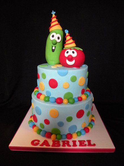 Blue Cake with Red, Yellow, Blue & Green Polka Dots (Like this without the characters on top) (Gabriel) Veggie Tales Cake, Veggie Tales Birthday Party, Veggie Tales Birthday, Veggie Tales Party, Rainbow Birthday Cake, Veggie Tales, Easy Veggie, Blue Cakes, Fun Fun