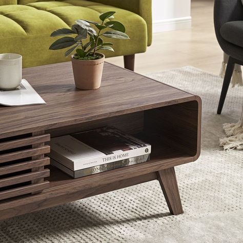 A versatile crowdpleaser for any number of design schemes, our Ensley Coffee Table does that mid-century modern vibes just so well. Slat Sliding Door, Retro Coffee Table Wood, Coffee Table Fluted Rectangle, Mcm Coffee Table With Storage, Living Room Walnut, Midcentury Modern Coffee Table Square, 70’s Coffee Table, Rectangle Coffee Table, Loft Furniture