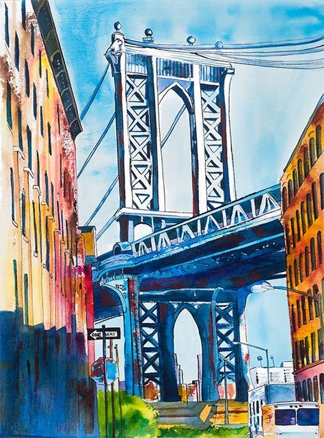 Janet Nunn | WATERCOLOR | Manhattan Bridge City Paintings, Drawing Mixed Media, Beautiful America, Bridge Drawing, Bridge Art, Manhattan Bridge, Diy Watercolor Painting, City Painting, George Washington Bridge