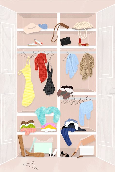 Fashion Week Inspired Closet Cleanout | The Sunday Edit Thrift Illustration, Closet Clean Out Picture Cute, Closet Clean Out Picture, Closet Illustration, Closet Drawing, Decluttering Clothes, Wardrobe Images, 90s Wallpaper Hip Hop, Clothes Wardrobe