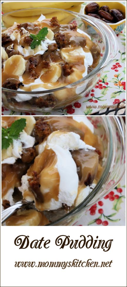 Amish Date Pudding in an old fashioned date cake layered with sliced bananas, whipped topping and a homemade toffee sauce. #datepudding #amishdatepudding #mommyskitchen #dessert Amish Date Pudding, Date Pudding Old Fashioned, Date Nut Pudding Recipe, Amish Pudding, Date Pudding Cake, Amish Custard, Date Fruit Recipes, Date Pudding Recipe, Amish Baking