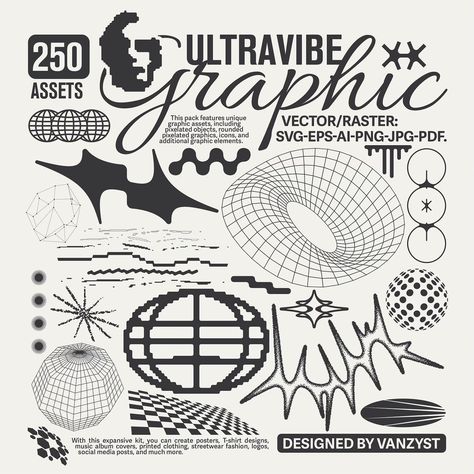 ✨ New Release! ✨ Check out our UltraVibe Graphic Pack with pixelated shapes by @ivan_kamzyst. This pack features ✦ 250 unique graphic assets ✦, including pixelated objects, rounded pixelated graphics, maximalist icons, and additional geometric graphic elements in Y2K style. With this expansive kit, you can create posters, T-shirt designs, music album covers, printed clothing, streetwear fashion, logos, social media posts, and much more.  🎨🔥 Get it now at designfamilymarket.com #graphicinde... Fashion Logos, Pixel Sorting, Vintage Paper Textures, Graphic Assets, Adobe Illustrator Cs6, Pixel Font, Futuristic Fonts, Graphic Design Elements, Raster Image