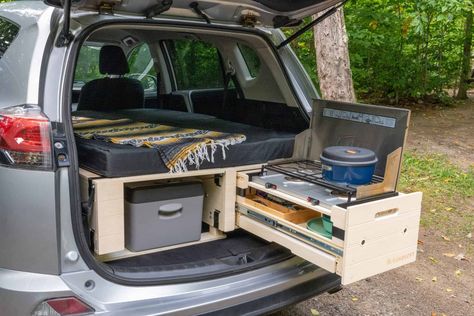 Suv Build Out, Suv Camping Build, Car Camper Conversion Suv, Suv Conversion Camper, Nissan Rogue Camper Conversion, Nissan Pathfinder Camper Conversion, Camper Suv Ideas, Hatchback Car Camping, Camping Suv Ideas