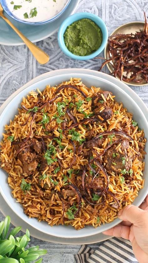 Indian style mutton biryani recipe dum cooked in a sealed pot. Tender mutyon, fragrant basmati rice, fried onions and indian spices make this glutenfree rice dish truly amazing! Mutton Biryani Recipe, Lamb Biryani, Veg Dinner Recipes, Egg Recipes For Dinner, Basmati Rice Recipes, Mutton Biryani, Rice Fried, Indian Rice Recipes, Indian Rice