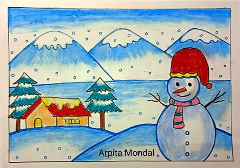 Winter Theme Drawing, Christmas Drawings Beautiful, Christmas Drawing For Kids, Winter Drawings Easy, Winter Scenery Drawing, Scenery For Kids, Drawing Pictures For Kids, Easy Christmas Drawings, Markers Drawing Ideas