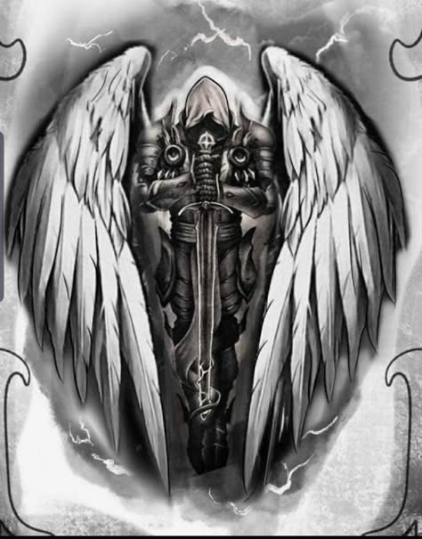 Dark Angel Tattoo, Angel Warrior Tattoo, Guardian Angel Tattoo Designs, Warrior Tattoo Sleeve, Guardian Angel Tattoo, Archangel Tattoo, Tattoo Pics, Skull Sleeve Tattoos, Saved Tattoo