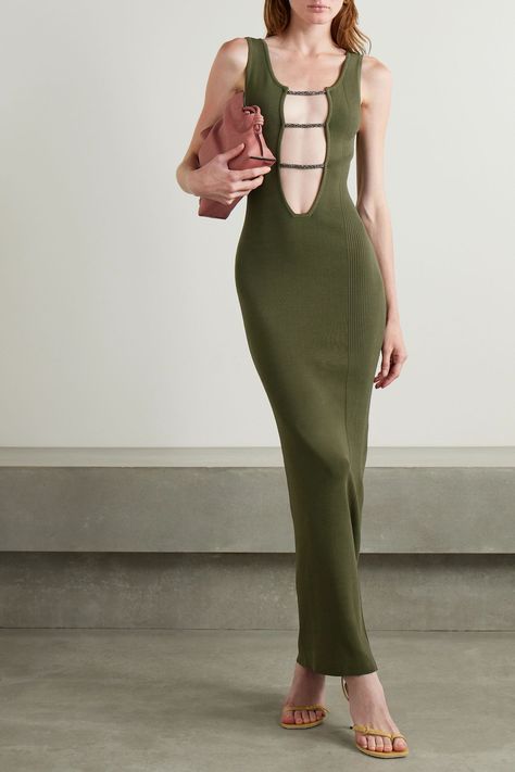 Christopher Esber, Maxi Jersey Dress, Minimal Jewelry, Maxi Knit Dress, Maxi Dress Green, Fitted Bodice, Strappy Sandals, The Details, Women Collection