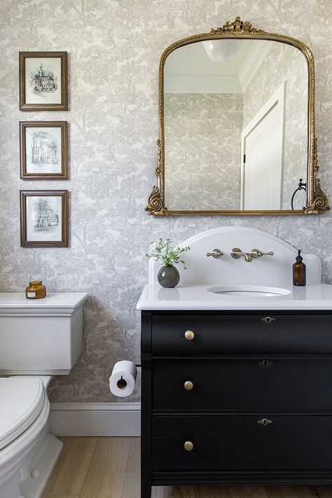 Heights House Powder Bath Black Cabinets Powder Room, Moody Water Closet Ideas, Basketweave Tile Bathroom With Wallpaper, Jenna Sue Bathroom, Jenna Sue Design Bathroom, French Toile Bathroom, Black Bathroom Sink Cabinet, Antique Home Design, Bathrooms With Black Vanities