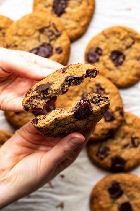 banana cookies broken in half Vegan Banana Cookies, Lazy Cat Kitchen, Banana Chocolate Chip Cookies, Cat Kitchen, Vegan Cookies Recipes, Banana Cookies, Vegan Banana, Lazy Cat, Melted Chocolate