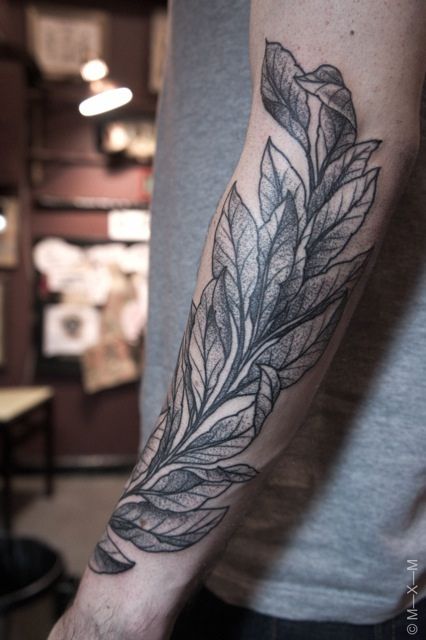 Tattoo by MXM at eastrivertattoo, via Flickr Outer Forearm Tattoo, Leaf Tattoo, Map Tattoos, Plant Tattoo, Tattoos Skull, Botanical Tattoo, 1 Tattoo, Pattern Tattoo, Forearm Tattoos