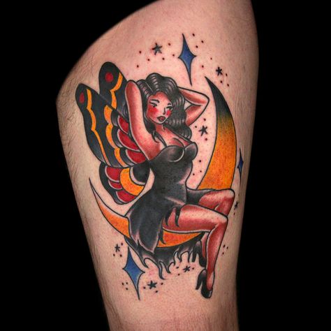 Fairy Tattoo by Patrick Flynn Traditional Style Fairy Tattoo, American Traditional Celestial Tattoo, Old School Fairy Tattoo, Pinup Fairy Tattoo, Trad Fairy Tattoo, Fairy Pinup Tattoo, Fairy Tattoo Traditional, American Traditional Fairy Tattoo, Fairy Tattoo Sleeve