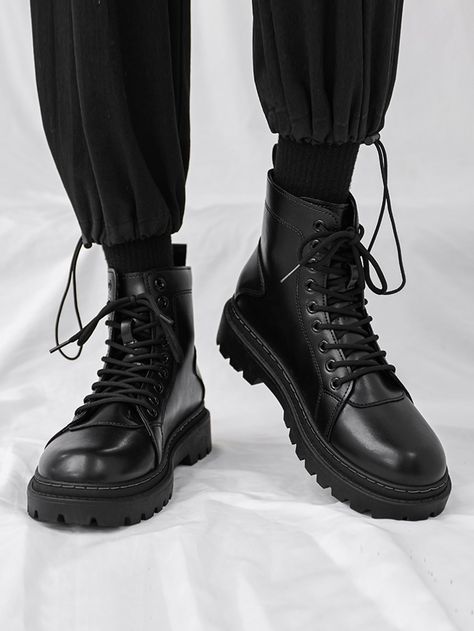 Negro  Collar   Liso Botas de combate Embellished   Zapatos para hombres Black Combat Boots Outfit Men, Combat Boots Outfit Men, Man Boots Style, Black Combat Boots Outfit, Male Boots, Combat Boot Outfit, Combat Shoes, Boots Outfit Men, Combat Boots Men