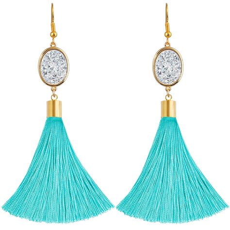 PRICES MAY VARY. These dangle earrings use the long soft contton thread tassel and crystal druzy inlay design, fishhook backings makes it easy to put on and take off, featuring it have a lovely looking and elegant temperament. You will be more charming when you wearing this earrings. Total Length: about 3.7 inches(95 mm); Stone Size(length x width):about 0.7 x 0.5 inches(18 x 14mm).Tassel Length:about 2 inches(53 mm); Weight:About 9 gram/pair. Zinc alloy metal for hooks, lead & nickel free. Pack Stone Dangle Earrings, Earring Handmade, Tassel Drop Earrings, Drop Earring, Crystal Quartz, Quartz Stone, Jewelry For Women, Healing Crystal, Druzy