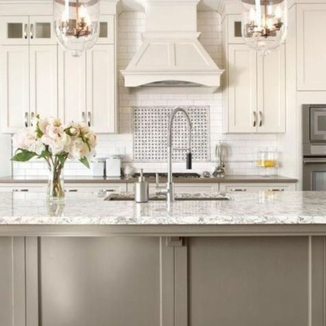 The Ultimate Guide to Stylish Greige Kitchen Cabinets | Ideas To Decorate Kitchen, Kitchen Ideas Island, Kitchen Lighting Fixtures Over Island, Kitchen Counters And Backsplash, House Modern Farmhouse, Kitchen Chandelier Island, Greige Kitchen Cabinets, Kitchen Ideas White, Rustic Remodel