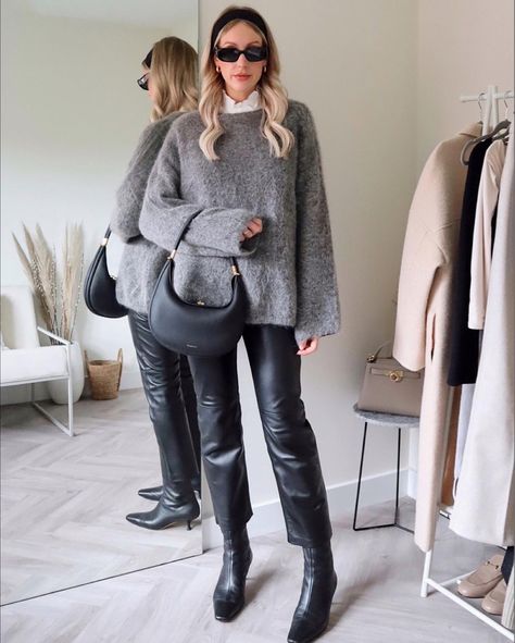 Knitted Blouse Outfit, Boots And Trousers Outfit, Gray Jumper Outfit, Grey Blouse Outfit, Jumper Outfit Winter, Grey Jumper Outfit, Mohair Outfit, Chunky Boots Outfit, Leather Trousers Outfit