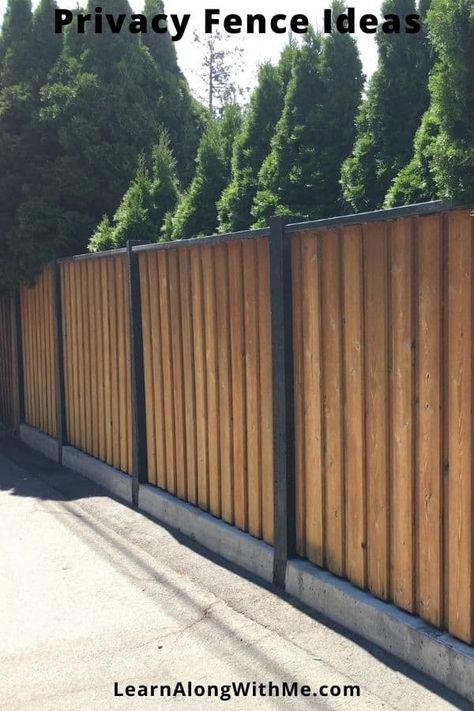 Nice Wood Fence, Dark Wooden Fence, Pressure Treated Fence Ideas, Cedar Privacy Fence Ideas, Wood Panel Fence Ideas, Wood And Metal Fencing, Black And Brown Fence Ideas, Privacy Fence Modern, Black Fence Posts