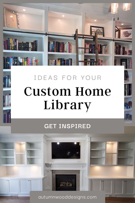 Built In Library Wall With Fireplace, Built In Bookshelf With Ladder, Custom Built Bookshelves, Diy Custom Bookshelves Built Ins, Office With Library Ladder, Loft Bookshelf Wall, Wall Bookshelves With Ladder, Cozy At Home Library, Built In Book Shelves Around Fireplace