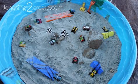 Pool With Sand, Monster Truck Party Food, Monster Truck Theme Birthday Party, Monster Jam Birthday Party, Blaze Birthday Party, Monster Truck Birthday Party, Truck Party Favors, Monster Jam Birthday, Monster Jam Party