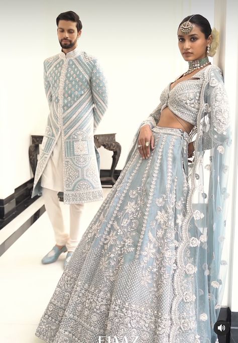 Light Blue Indian Wedding Dress, Engagement Outfit Ideas Indian, Pastel Lehenga For Engagement, Pastel Blue Lengha, Pastel Engagement Lehenga, Bollywood Style Light Blue Lehenga For Reception, Light Blue Lehenga For Reception And Festivals, Couple Dresses, Wedding Matching Outfits