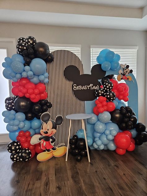 Mickey Mouse Birthday Party Ideas 1st For Boys Decor, Mickey Mouse Birthday Balloon Arch, Blue Mickey Mouse Party 1st Birthdays, Mickey Mouse Birthday Party Ideas 1st For Boys, Disney Balloon Arch, Mickey Mouse Backdrop Ideas, Mickey Balloon Arch, Mickey Mouse Balloon Decor, Mickey Mouse Birthday Backdrop