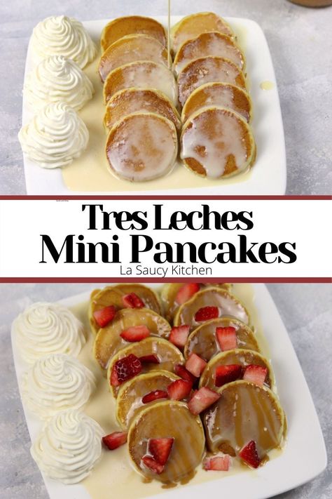 Mini Pancake Dessert Ideas, Mexican Breakfast Dessert, Mini Pancake Bar, Pancake Treats, Mini Pancakes Business, Mini Pancakes Ideas, Aqua Frescas, Pancake Business, Condensed Milk Whipped Cream