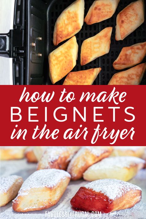 Quick, easy, and healthy air fryer beignets are the best dessert! Beniegts Air Fryer, Air Fryer Malasadas, Beignets Air Fryer, Beignets Recipes, Air Fryer Beignets, French Beignets, Air Fryer Recipes Dessert, Beignet Recipe, Healthy Air Fryer