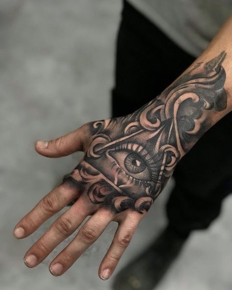 Seeing Eye Tattoo, Herren Hand Tattoos, All Seeing Eye Tattoo, Full Hand Tattoo, Mandala Hand Tattoos, Egyptian Tattoo Sleeve, Ankle Tattoos For Women, Hand And Finger Tattoos, Hand Tats