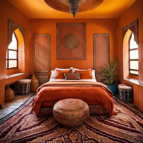 Marakesh Decor Interiors, Marakesh Decor, Moroccan Bedroom Decor, Moroccan Style Bedroom, Bedroom Ideas Orange, Moroccan Decor Bedroom, Orange Bed, Bed Drapes, Moroccan Bedroom